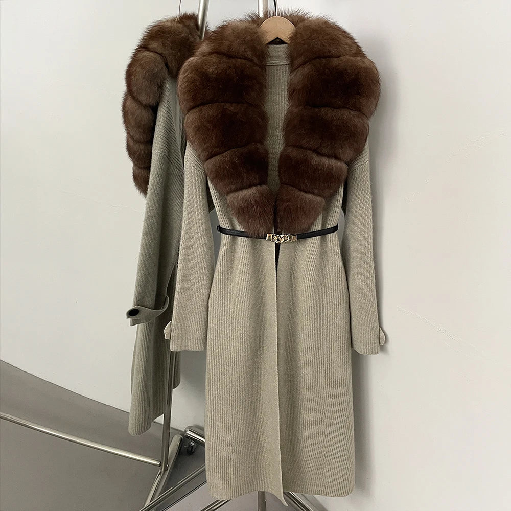 OFTBUY Warm Winter Elegant Fashion knit Outerwear female New Women's Knit Long Coat with Large Real Fox Fur Collar Belted Waist