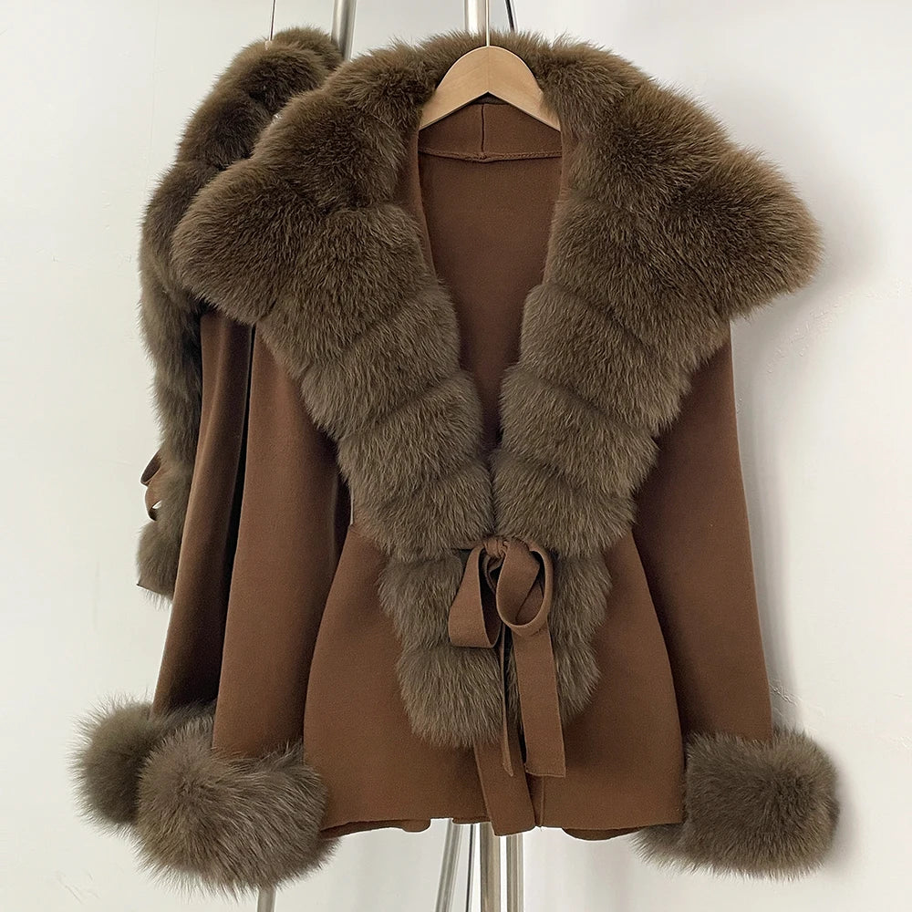 OFTBUY cardigan women Sweater Female New Women's Knit Coat with Real Fox Fur collar Belt Luxury Warm Winter Fashion Outerwear