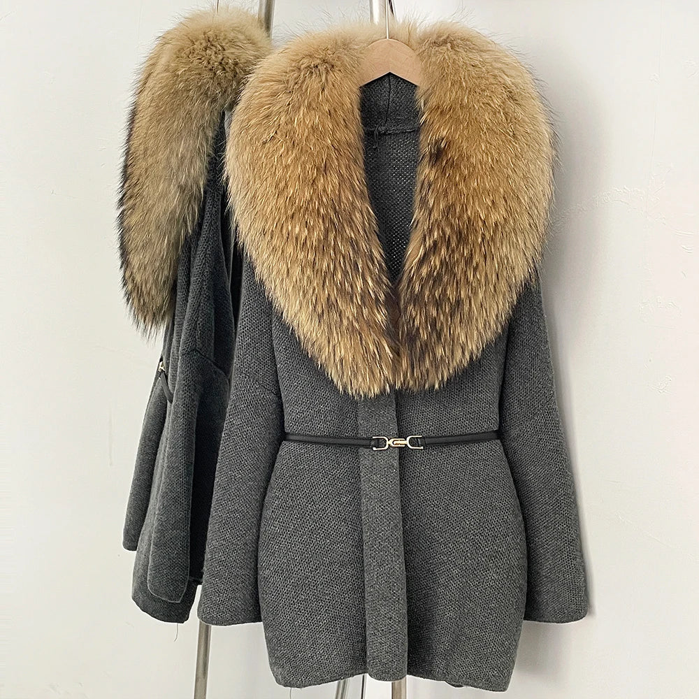 OFTBUY New Autumn Winter Luxury Fashion Outerwear Lady Women's Knit Coat with Large Real Fox Fur Collar Belt Textured Knit Warm