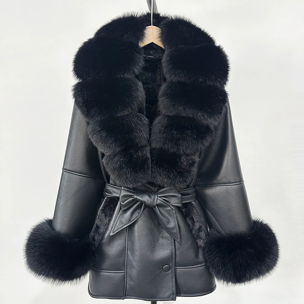 OFTBUY Large Natural Fox Fur Women Faux Leather Jacket Autumn Winter Fashion Ladies Warm Retor Faux Lamb Fur Coat Outwear