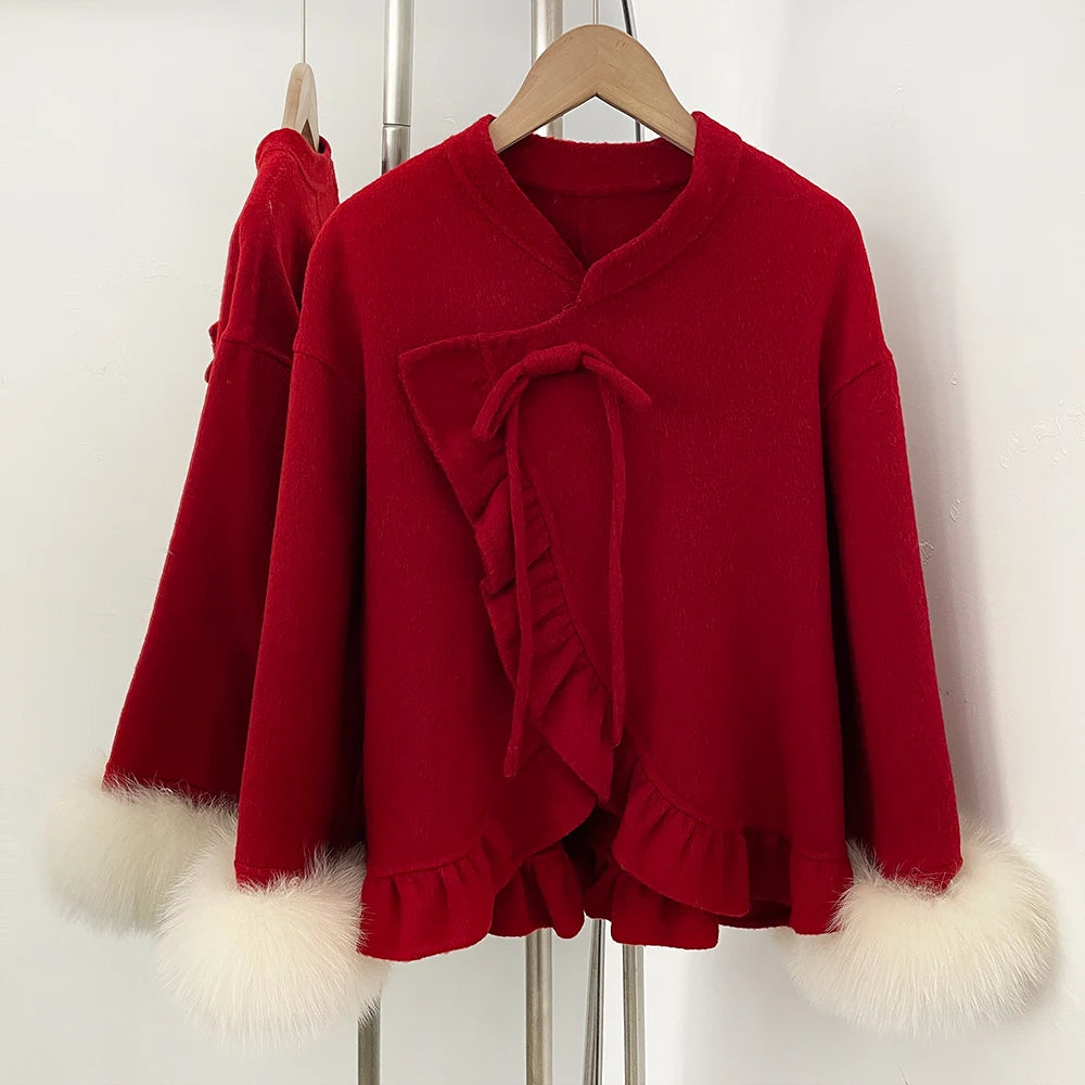 OFTBUY New Women's Wool Jacket with Real Fox Fur Cuffs Winter Elegant Fashion Clothing Outerwear Short Luxury Woolen Coat Female