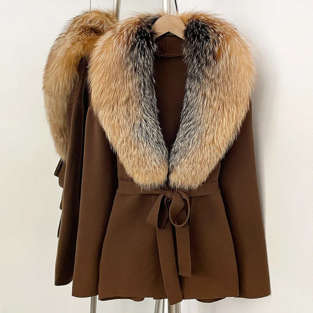 OFTBUY Fashion Real Fox Fur Collar Sweater Lady Loose Luxury Jacket Women's Clothes New Spring Autumn Belt Knit Cardigan Female