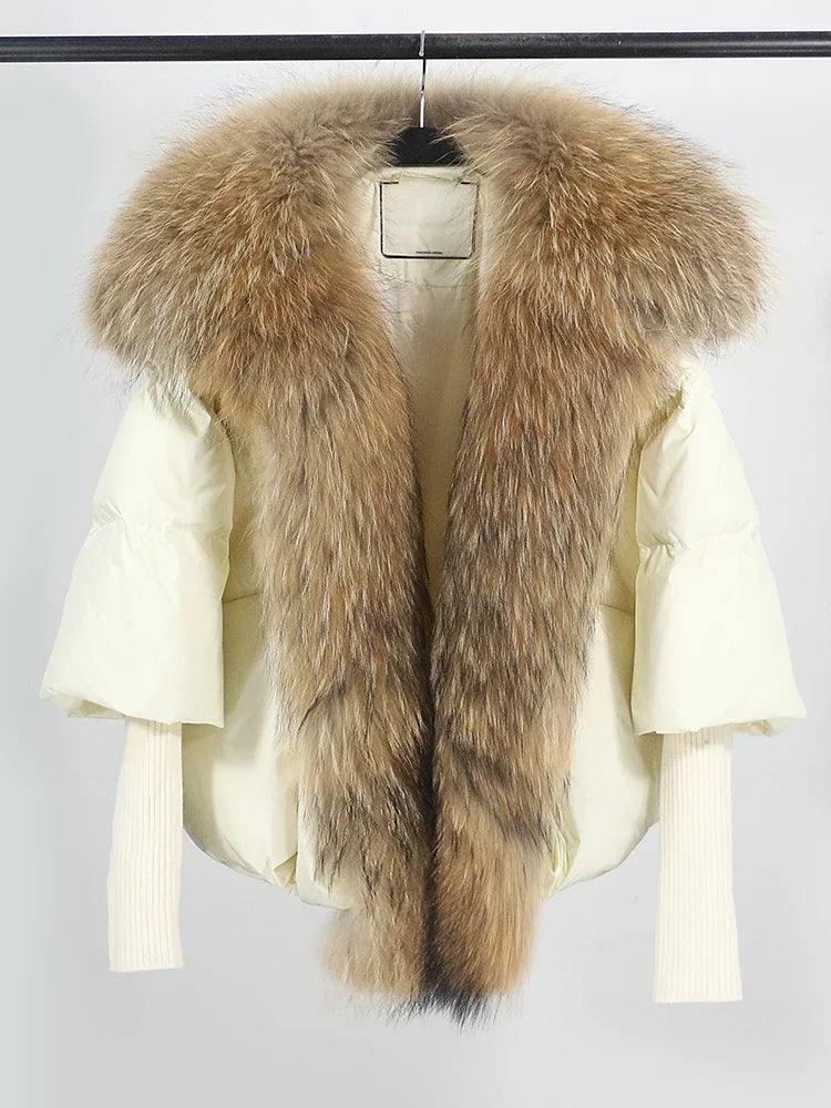 OFTUBY White Duck Down Jacket Winter Women Warm Loose Coat Natural Real Fox Fur Collar Thick Luxury Outerwear New Fashion