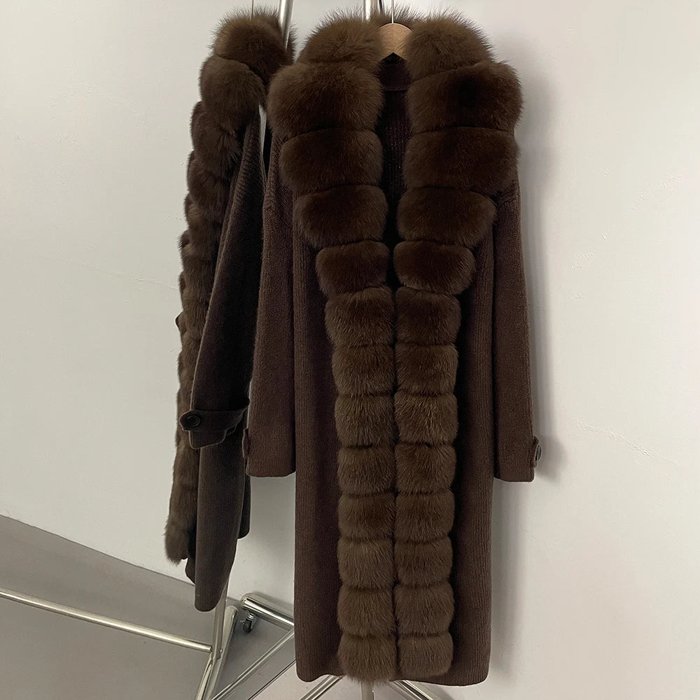 OFTBUY Elegant Fashion Outerwear Female New Women's Knit Long Coat with Full Real Fox Fur Warm Winter Natural Fur Collar Sweater
