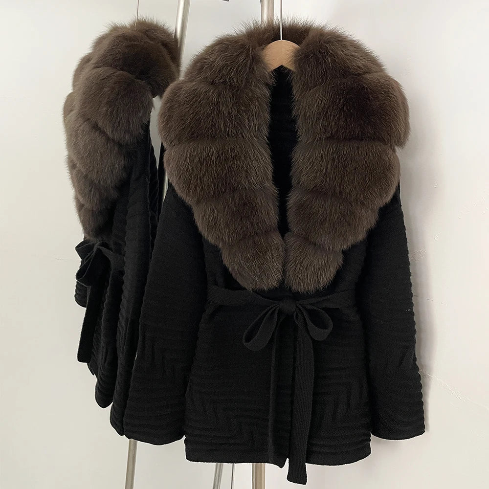 OFTBUY New Women's Knit Coat with Large Real Fox Fur Collar Belted Waist Striped Texture Pockets Winter Luxury Elegant Outerwear