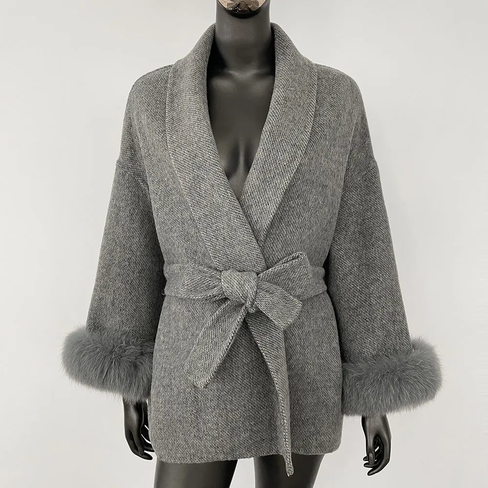 OFTBUY High End Double-sided Wool Strapping Real Wool Fur Coat Women's Removable Cuffs Fox Fur Temperament Cashmere Short Jacket