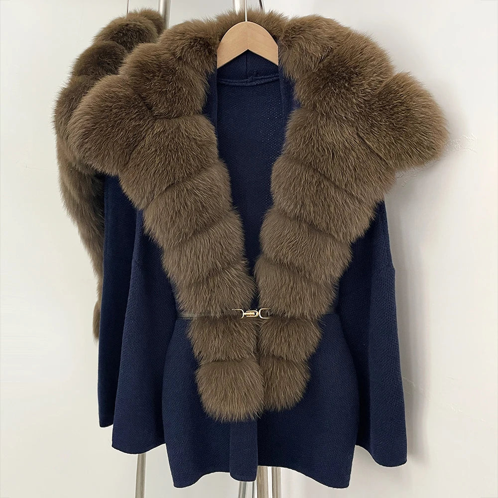 OFTBUY Fashion Belt Warm Sweater Female Natural Fur Loose Cadigan Coat Women Medium Length Knit Jacket with Real Fox Fur Collar