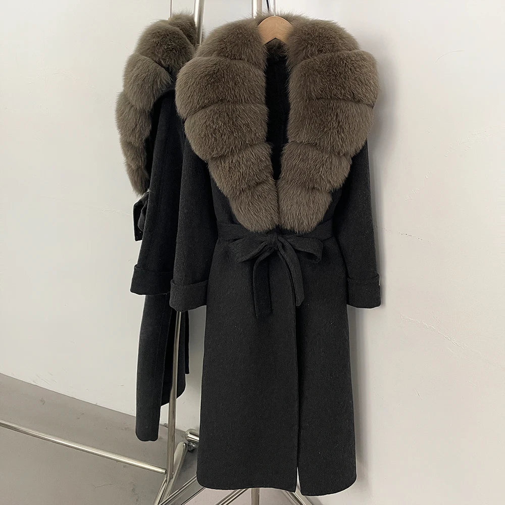 OFTBUY Belted Elegant Warm Outerwear Coat Female Women's Luxury Double-Faced Wool Jacket Winter Oversized Real Fox Fur Collar