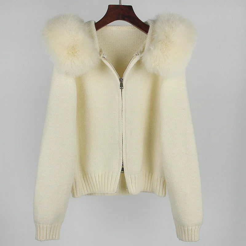OFTBUY Luxury Knitted Zip-Up Hoodie with Oversized Real Fox Fur Hood - Premium Apres-Ski Luxe Loungewear