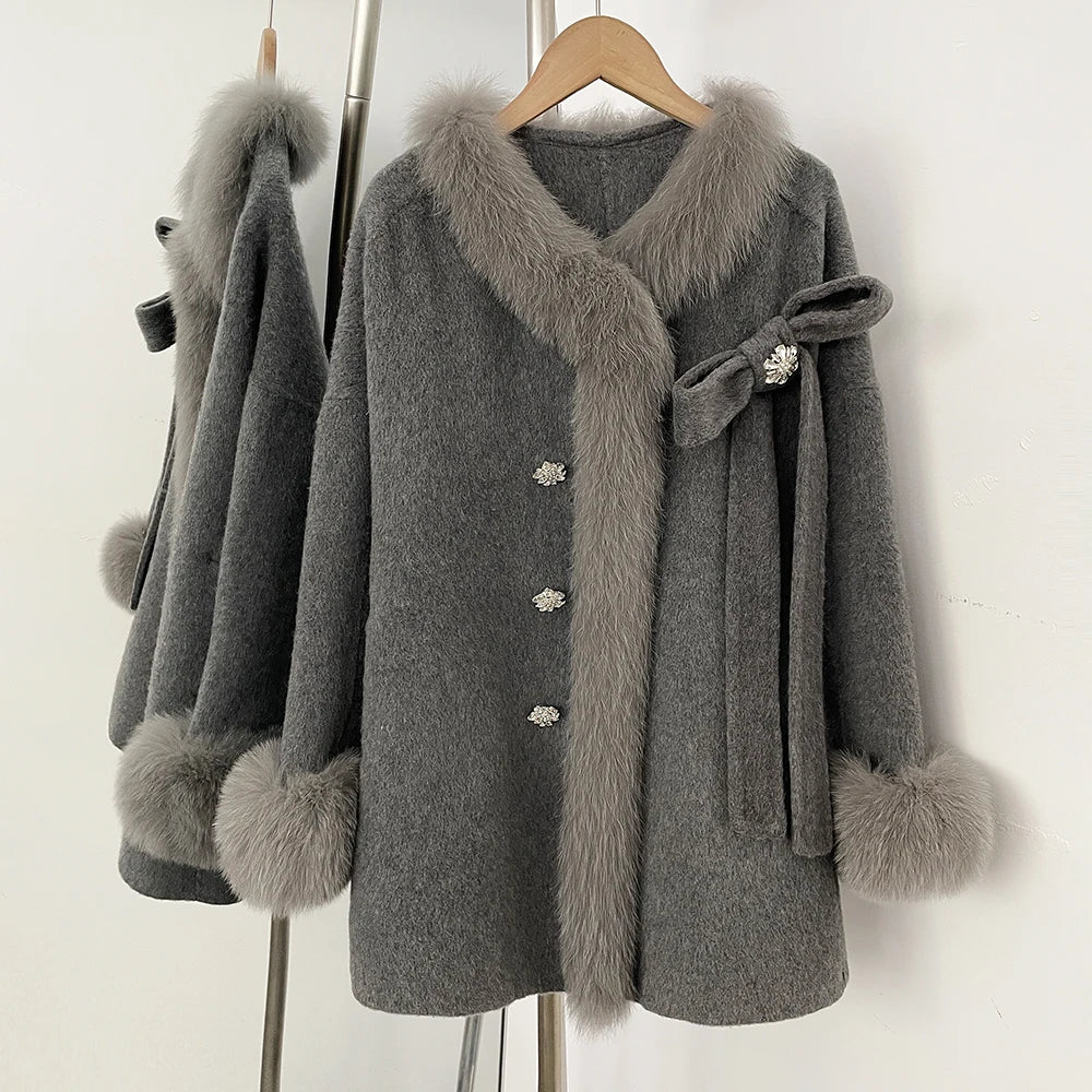OFTBUY Trim Bow Detail Decorative Buttons Winter Elegant Woolen Outerwear New Women's Double Face Wool Coat with Real Fox Fur