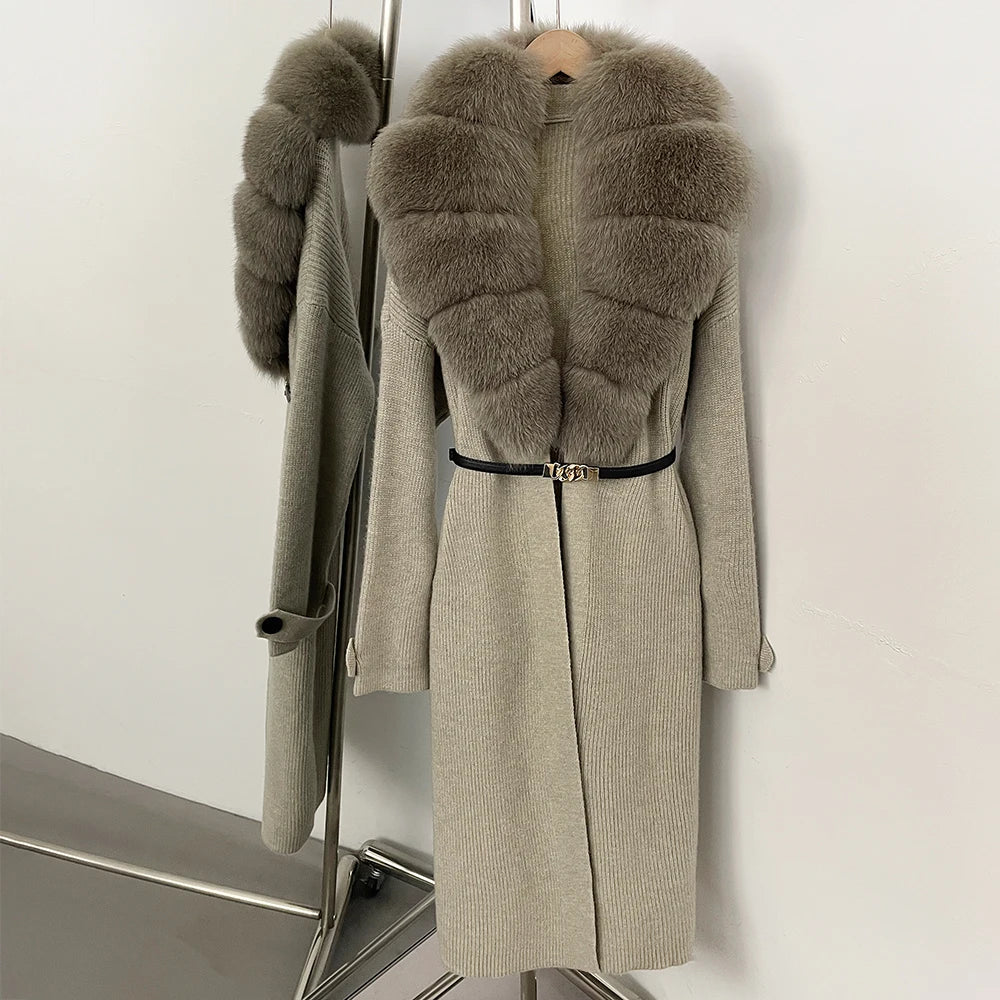 OFTBUY Warm Winter Elegant Fashion knit Outerwear female New Women's Knit Long Coat with Large Real Fox Fur Collar Belted Waist