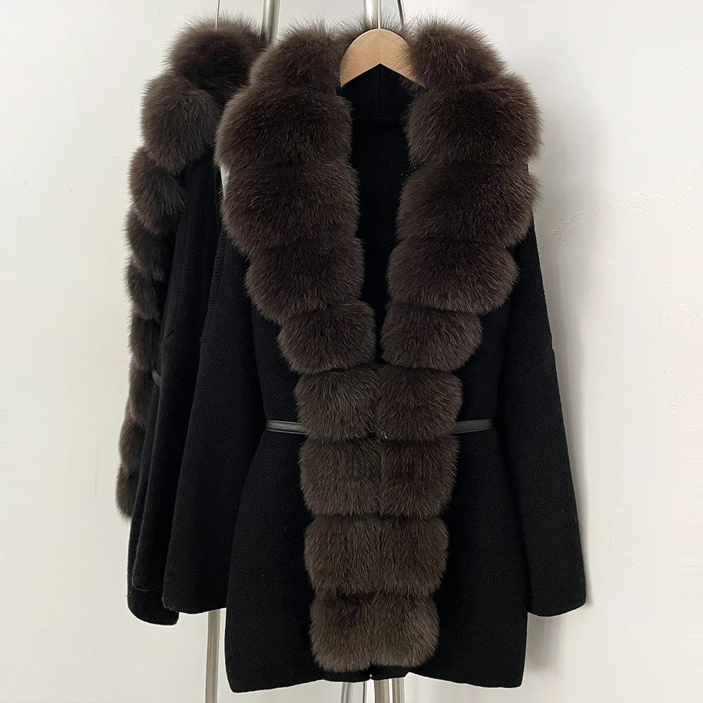OFTBUY Metal Belt Knit Warm Winter Luxury Fashion Outerwear Sweater Cardigan New Women's Knit Coat with Full Real Fox Fur Front