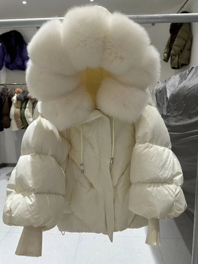 OFTBUY New Winter Large Real Fur Hooded Puffer Jacket Women Thicken Warm Knitted Sleeve Coat Lady White Duck Down Mid Long Parka