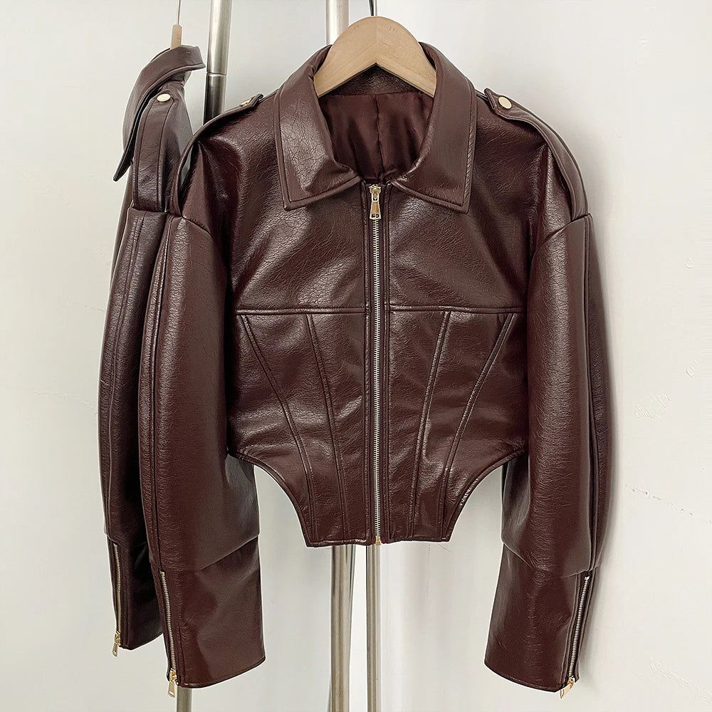 OFTBUY Casual Lapel Sleeve Zipper Fishbone Coats Lady Daily High Street Coat Women's Retro Cinched-waist Coated Leather Jacket
