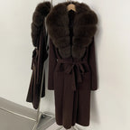 OFTBUY Women's Luxury Brown Knit Cardigan with Real Fox Fur Collar Belted Sweater Coat Female New Fashion Warm Winter Outerwear