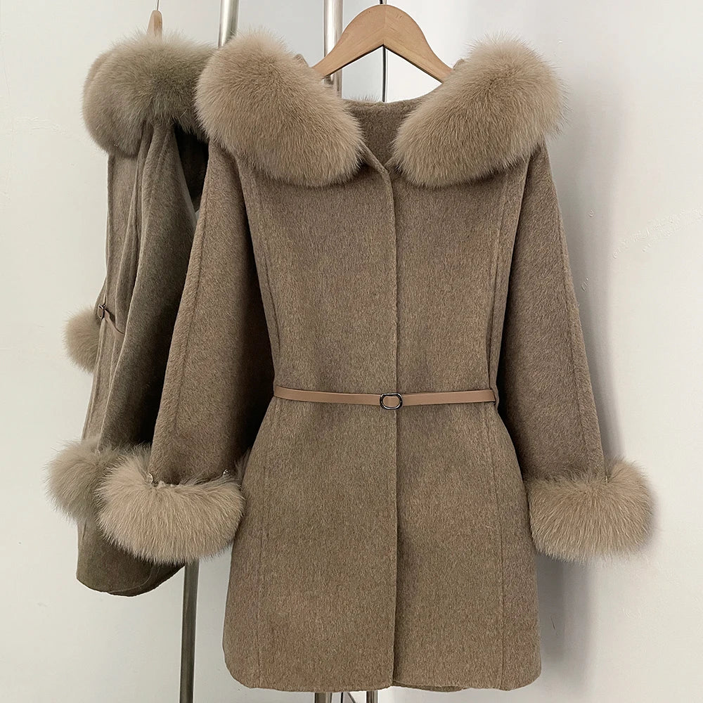 OFTBUY New Women's Wool Coat with Real Fox Fur Collar Cuffs Hooded Belted Waist Warm Winter Elegant Fashion Outerwear