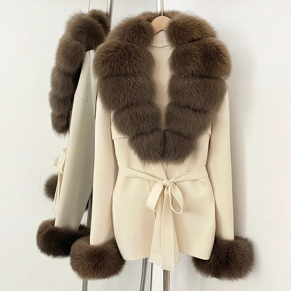 OFTBUY New Women's Knit Cardigan with Real Fox Fur Collar and Cuff Belt Luxury Coat Warm Autumn Fashion Outerwear Sweater Female