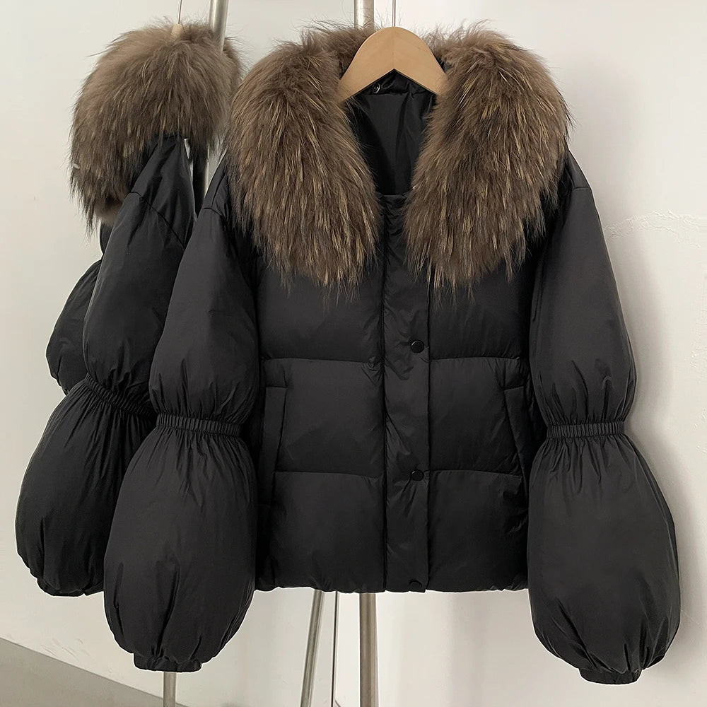 OFTBUY New Winter Loose Top Clothes Women Real Fox Fur Fluffy Puffer Jacket Female Lantern Sleeves Natural Fur Collar Down Coat