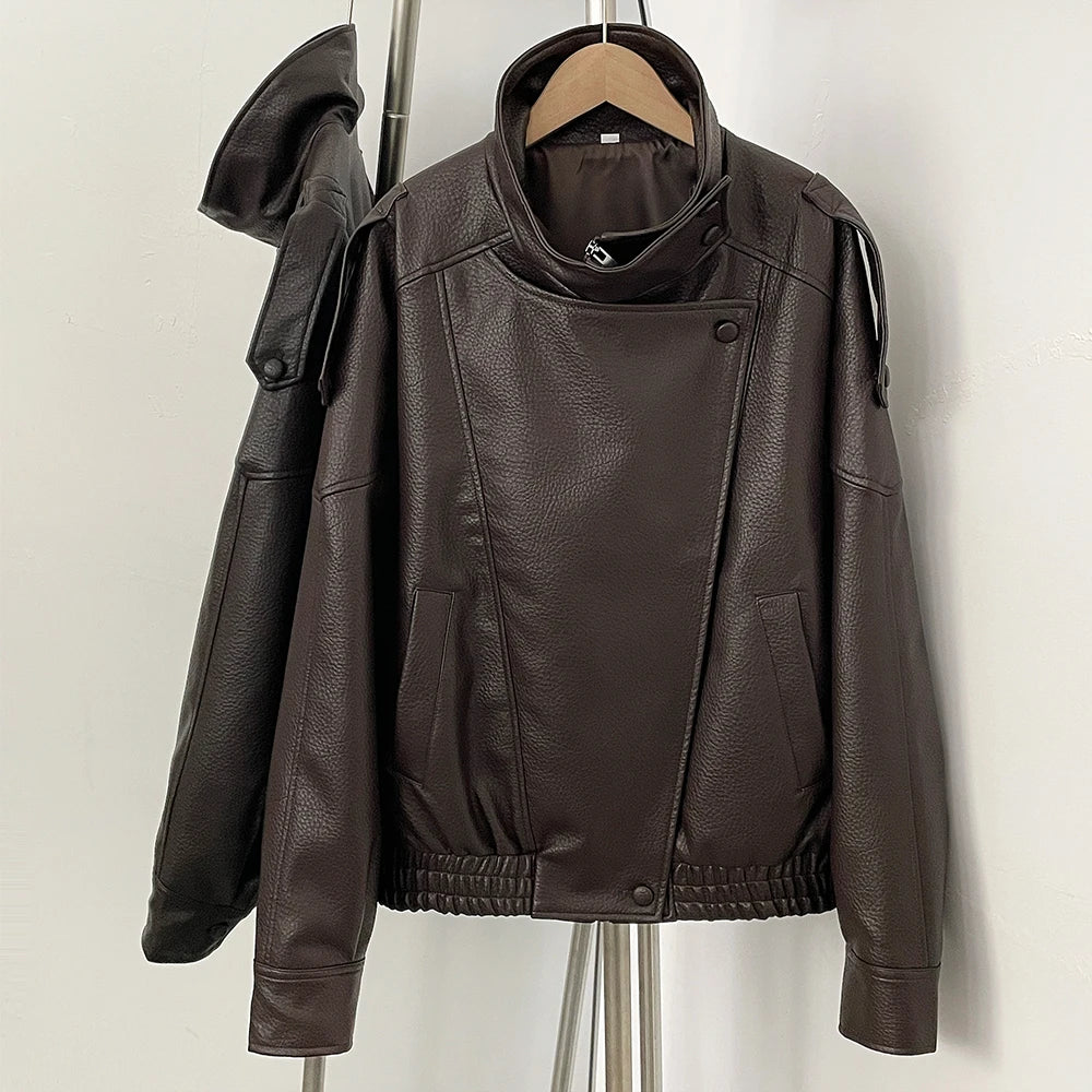 OFTBUY Womens Oversized Faux Leather Bomber Jacket