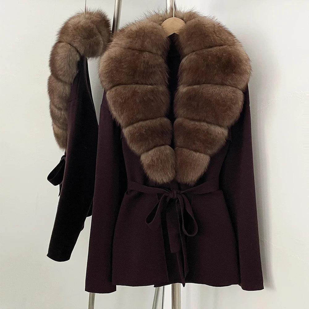 OFTBUY Fashion Real Fox Fur Collar Sweater Lady Loose Luxury Jacket Women's Clothes New Spring Autumn Belt Knit Cardigan Female