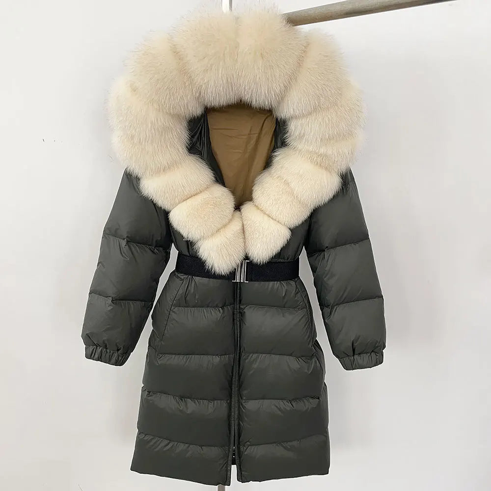 OFTBUY New Natural Thick Warm Duck Down Coat Female Long Winter Jacket Women Real Big Fox Fur Collar Belt Loose Puffer Parka