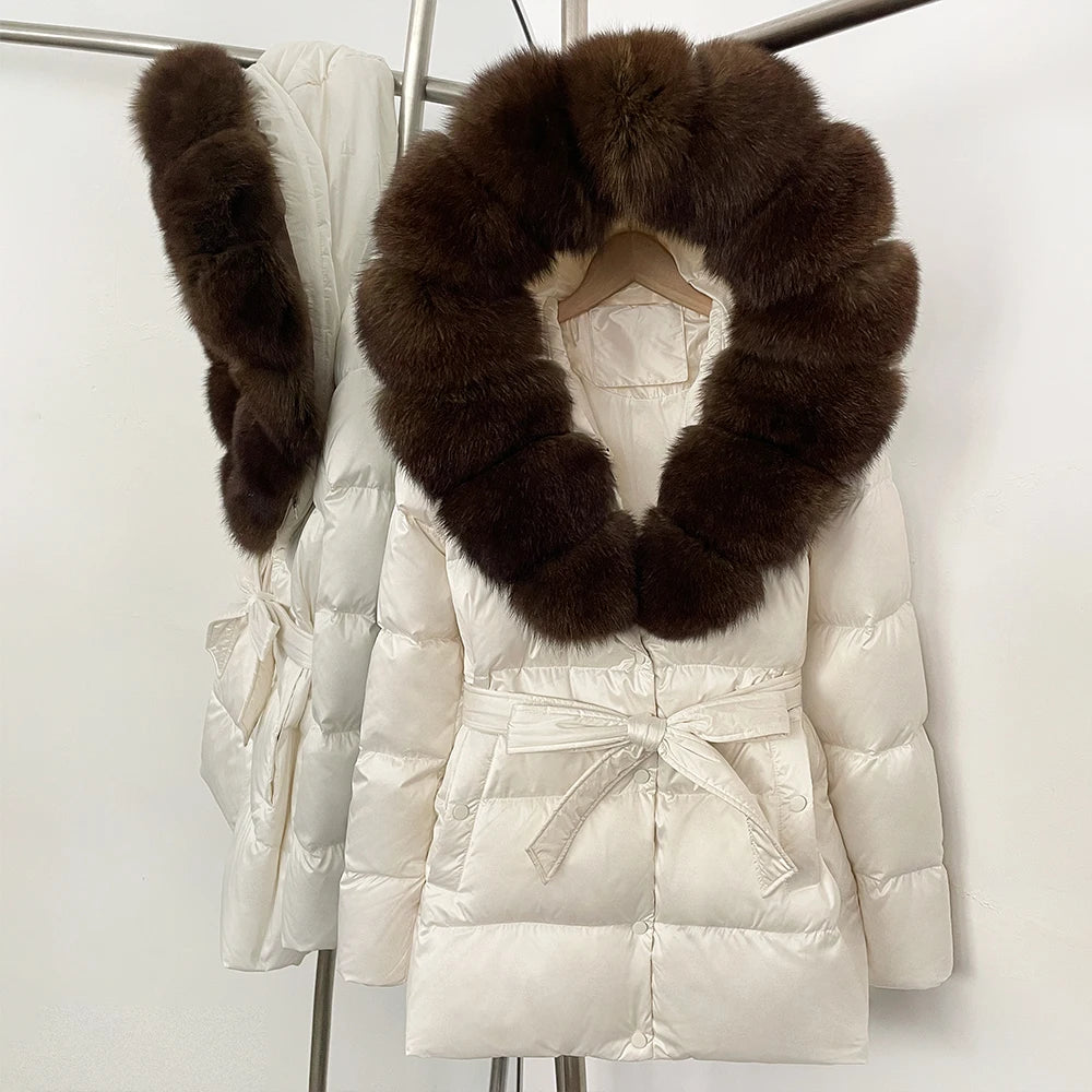 OFTBUY New Women's Duck Down Jacket with Large Real Fox Fur Hood Belted Waist Warm Winter Puffer Coat Lady Luxury Outerwear