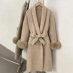 OFTBUY New Women's Double-Faced Wool Coat with Real Fox Fur Cuffs Belted Warm Winter Elegant Fashion Outerwear Wool Jacket Lady