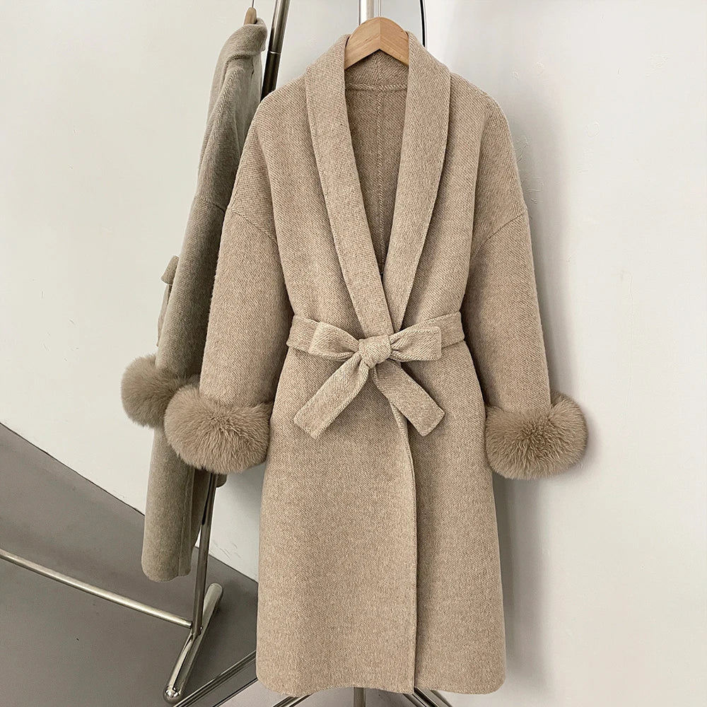 OFTBUY New Women's Double-Faced Wool Coat with Real Fox Fur Cuffs Belted Warm Winter Elegant Fashion Outerwear Wool Jacket Lady