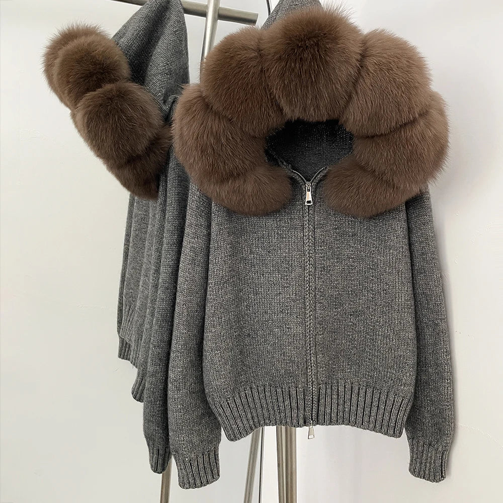 OFTBUY Luxury Knitted Zip-Up Hoodie with Oversized Real Fox Fur Hood - Premium Apres-Ski Luxe Loungewear