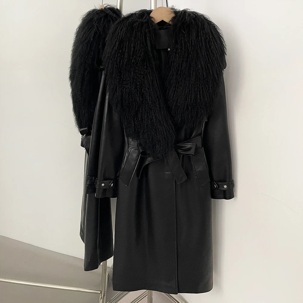 OFTBUY New Women's Long Faux Leather Trench Coat with Real Mongolian Sheep Fur Collar Belted Waist Luxury Jacket Warm Outerwear
