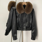 OFTBUY New Spring Autumn Short Top Clothes Women Fashion Pu Leather Jacket with Faux Fur Collar Biker Fake Leather Coat Female