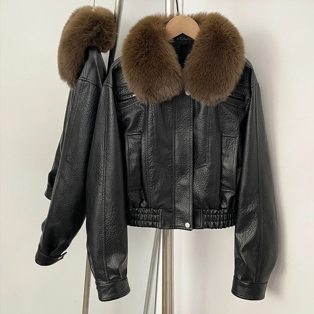 OFTBUY New Spring Autumn Short Top Clothes Women Fashion Pu Leather Jacket with Faux Fur Collar Biker Fake Leather Coat Female