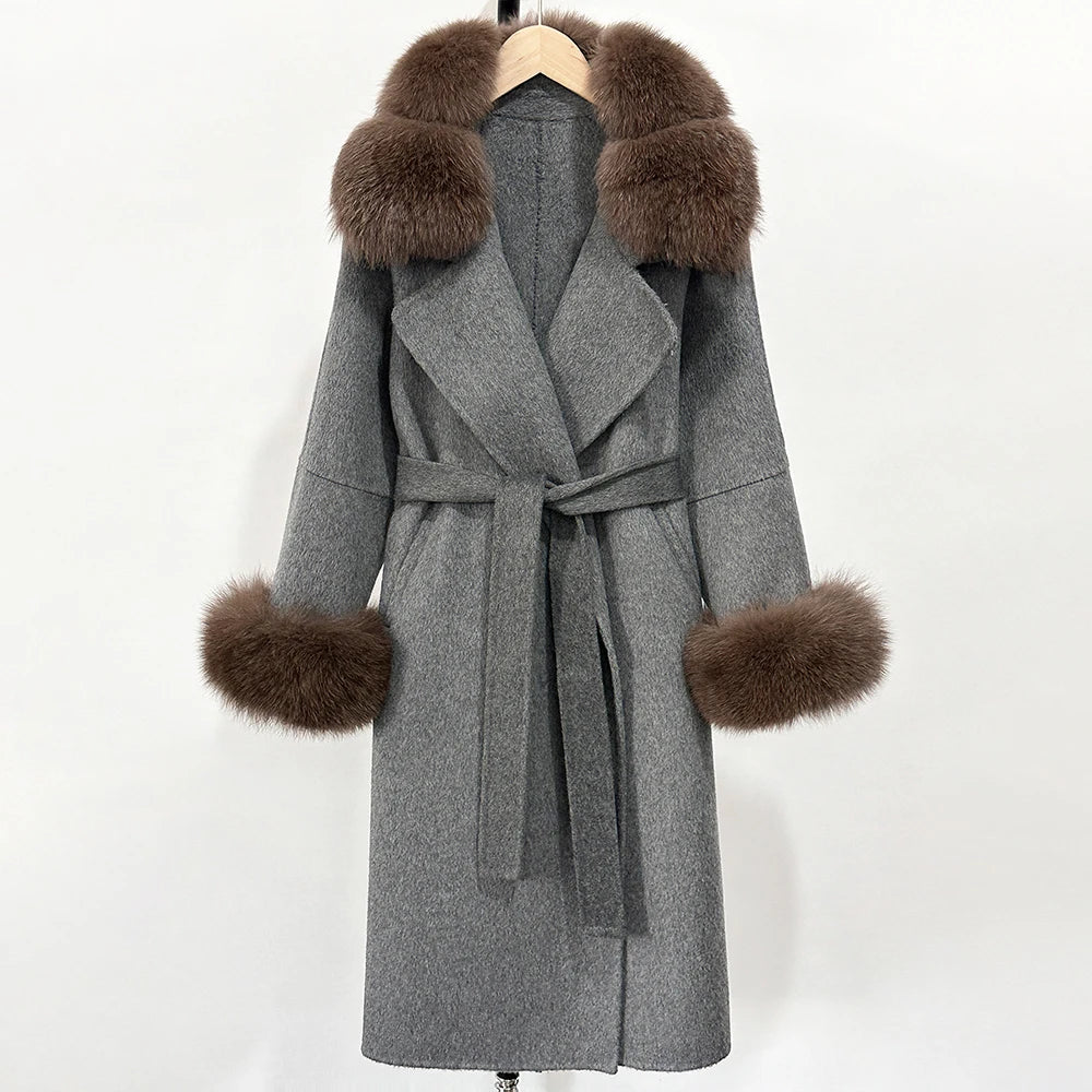 OFTBUY Belted Long Warm Winter Elegant Fashion Outerwear New Women's Double-Faced Wool Coat with Real Fox Fur Collar and Cuffs