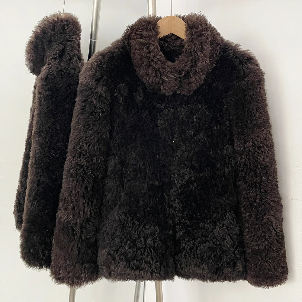 OFTBUY Luxury Curly Lamb Wool Shearling Jacket - 100% Real Wool Short Coat with Cozy Funnel Neck