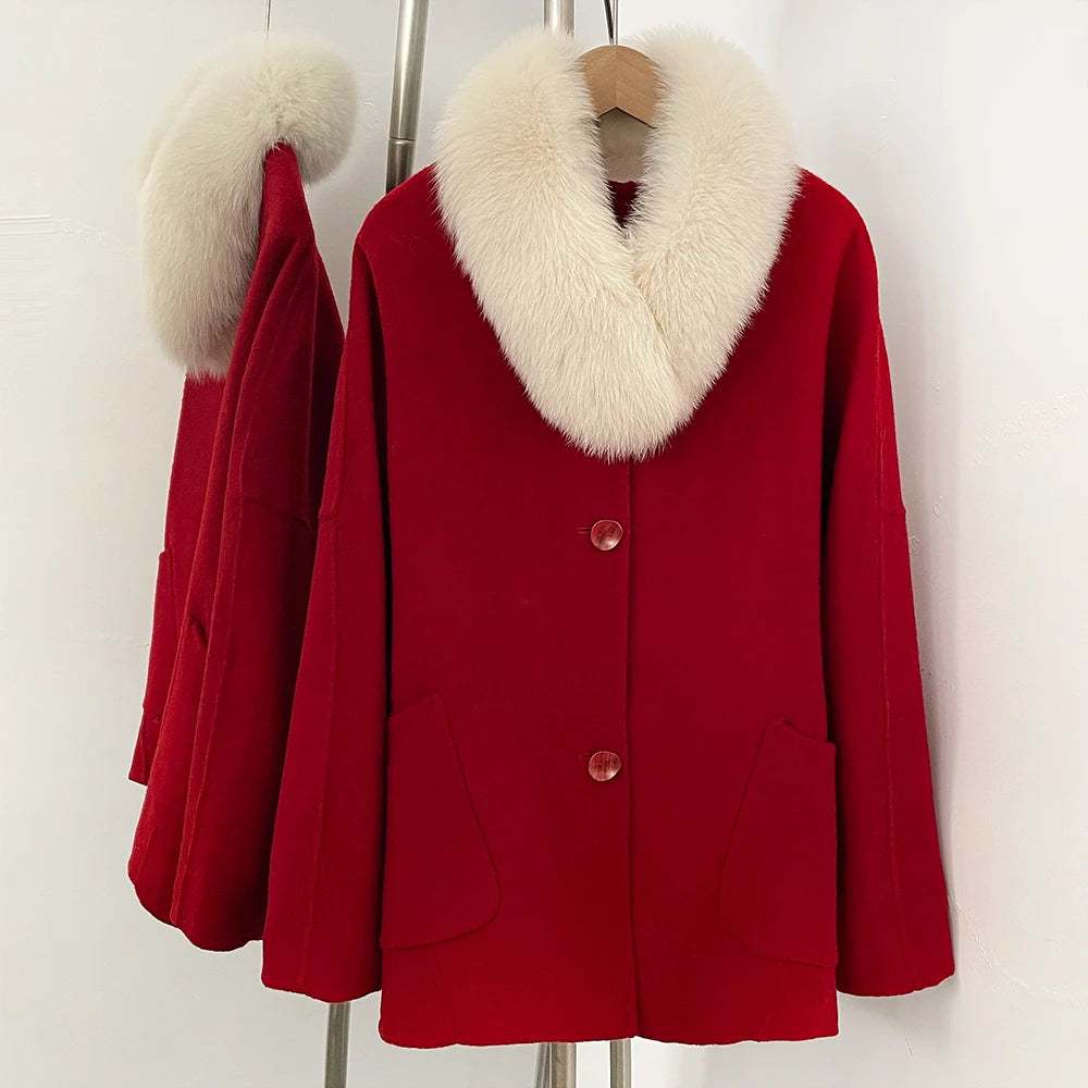 OFTBUY New Women's Wool Coat with Large Real Fox Fur Collar Loose Fit Back Detail Pockets Warm Winter Elegant Fashion Outerwear