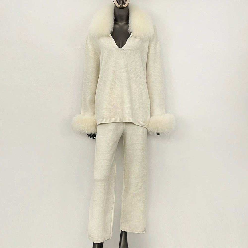 OFTBUY Loose Pants Warm Winter Elegant Casual Outfit Sweater Female New Women's Knit Two Piece Set with Real Fox Fur Collar