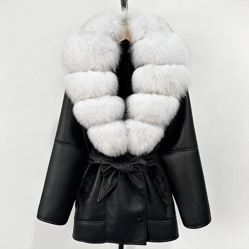 OFTBUY Large Natural Fox Fur Coat New Women Thick Warm Retro Faux Lamb Fur Jacket Belt Winter Female Parkas Outwear