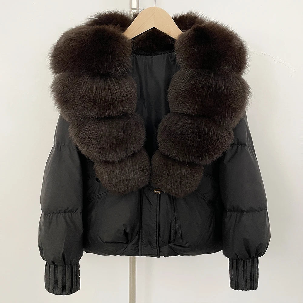 OFTBUY Luxury 90% Duck Down Puffer Jacket with Oversized Real Fox Fur Collar - Short Tiered Winter Coat
