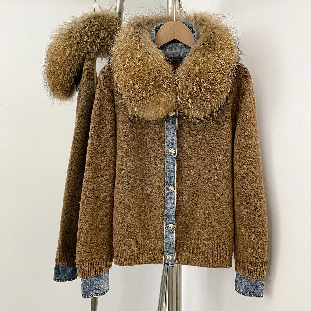 OFTBUY Denim Trim Warm Autumn Winter Fashion Outerwear Sweater Female New Women's Knit Cardigan with Large Real Fox Fur Collar