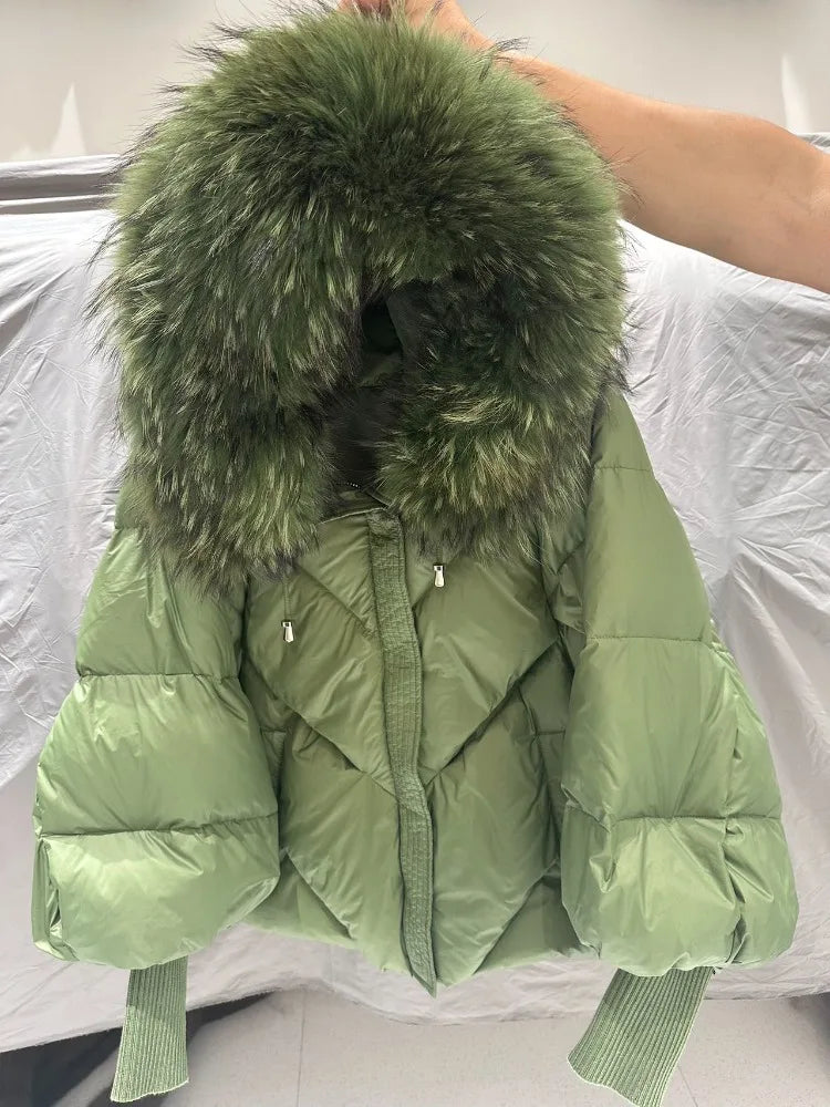 OFTBUY New Winter Large Real Fur Hooded Puffer Jacket Women Thicken Warm Knitted Sleeve Coat Lady White Duck Down Mid Long Parka