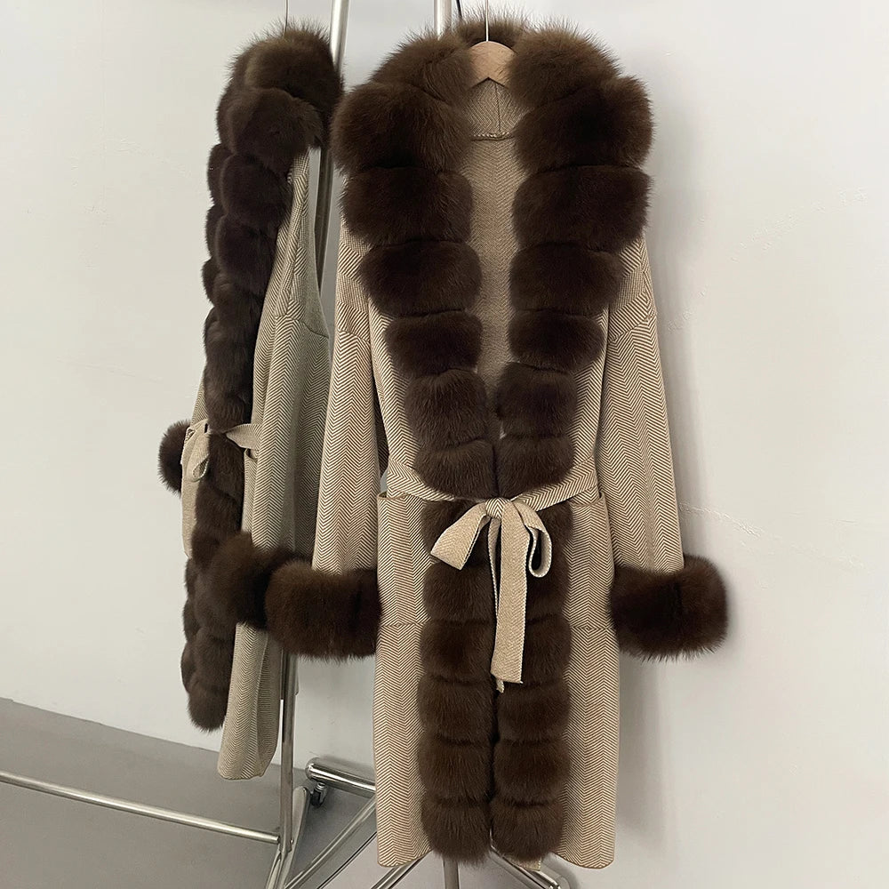 OFTBUY Trim Belted Warm Winter Coat Elegant Fashion Outerwear Female Long Sweater New Women's Knit Coat with Full Real Fox Fur