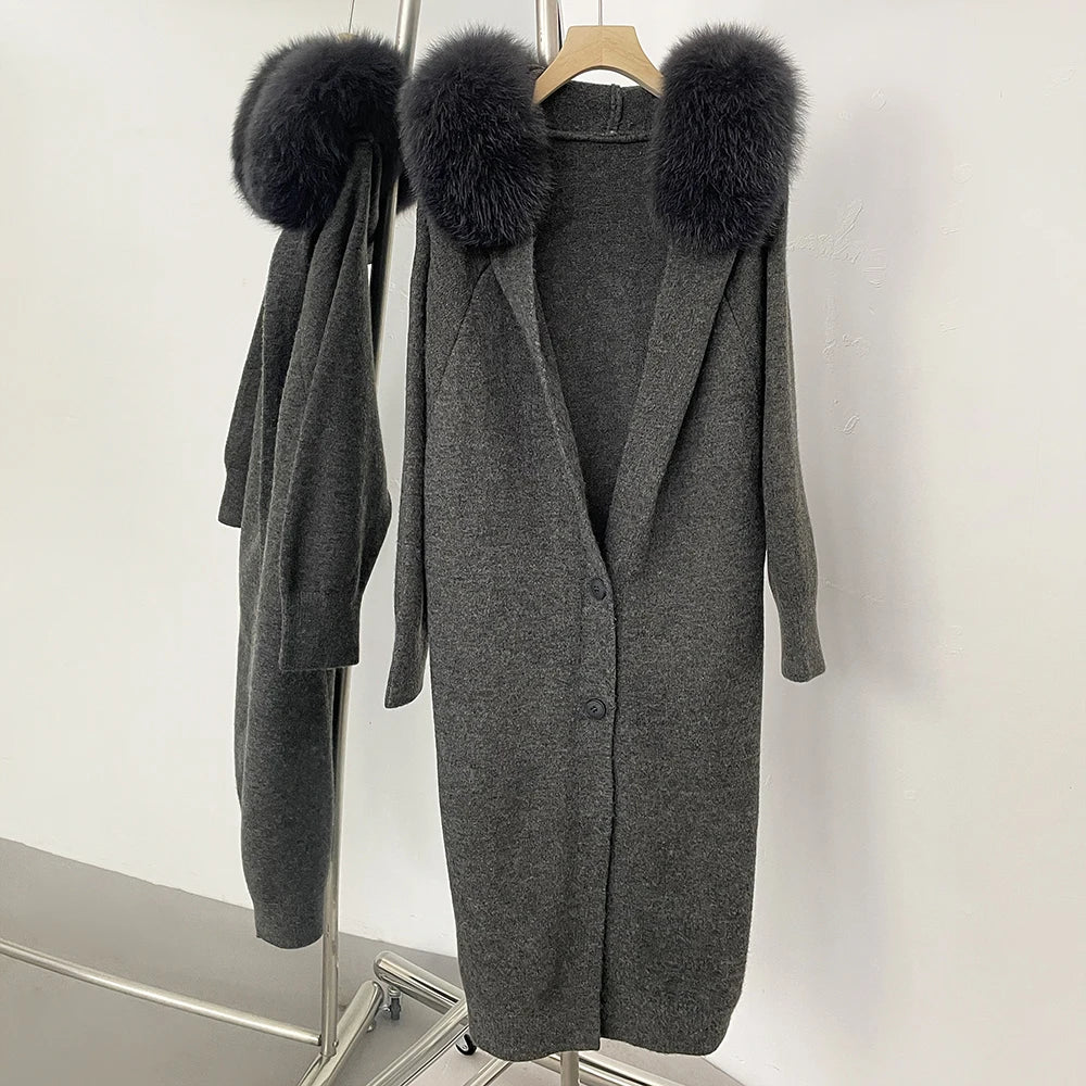 OFTBUY Hooded Long Knitted Cardigan Women Fashion New Spring Autumn Clothes Female Thick Warm Real Fox Fur Knitting Jacket Lady