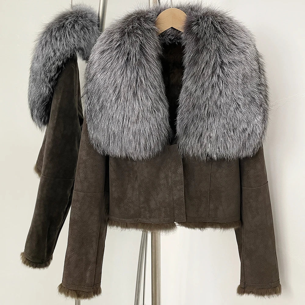 OFTBUY Luxury Suede Jacket with Real Rabbit Fur Lining & Oversized Fox/Raccoon Fur Collar