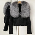 OFTBUY Luxury Suede Jacket with Real Rabbit Fur Lining & Oversized Fox/Raccoon Fur Collar