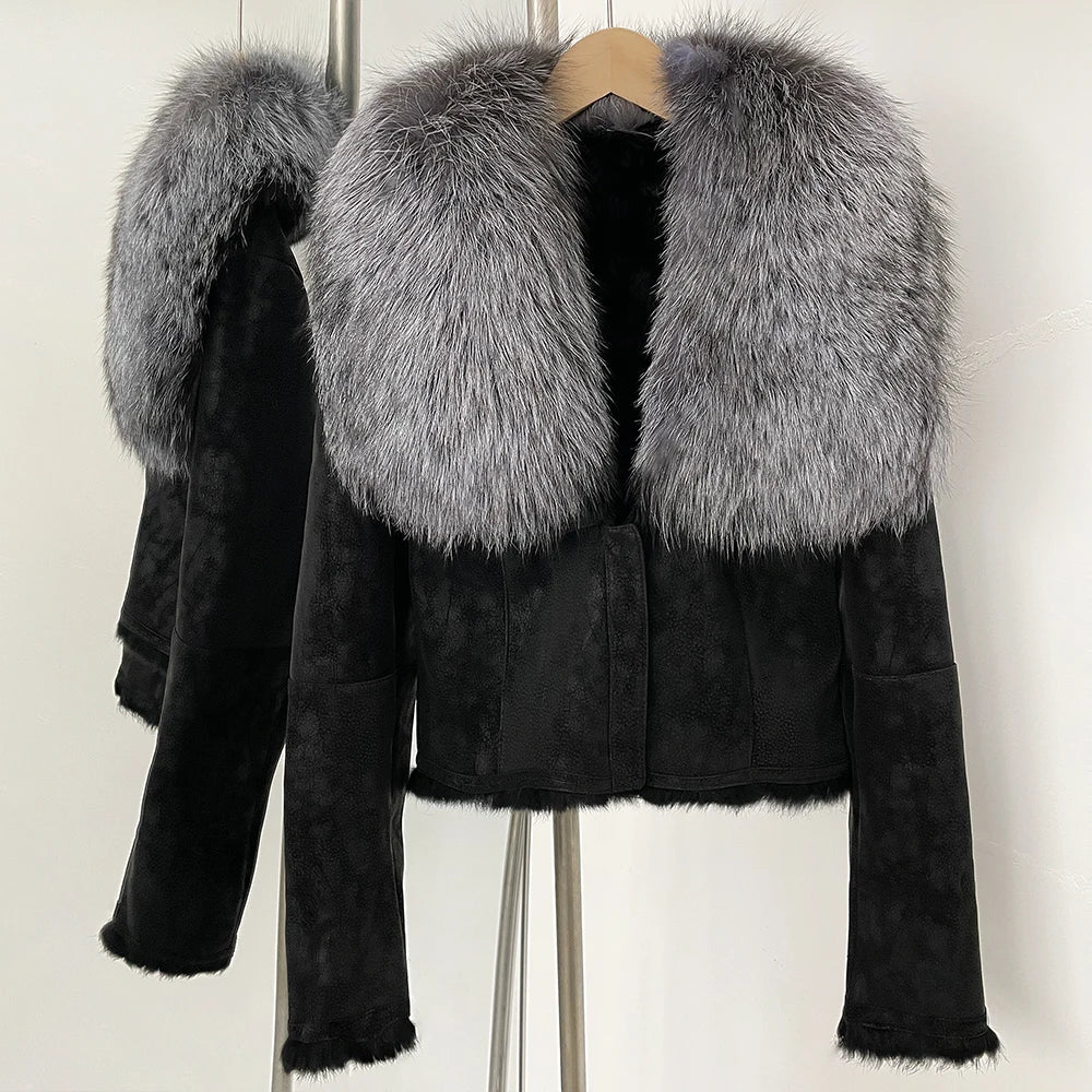 OFTBUY Luxury Suede Jacket with Real Rabbit Fur Lining & Oversized Fox/Raccoon Fur Collar