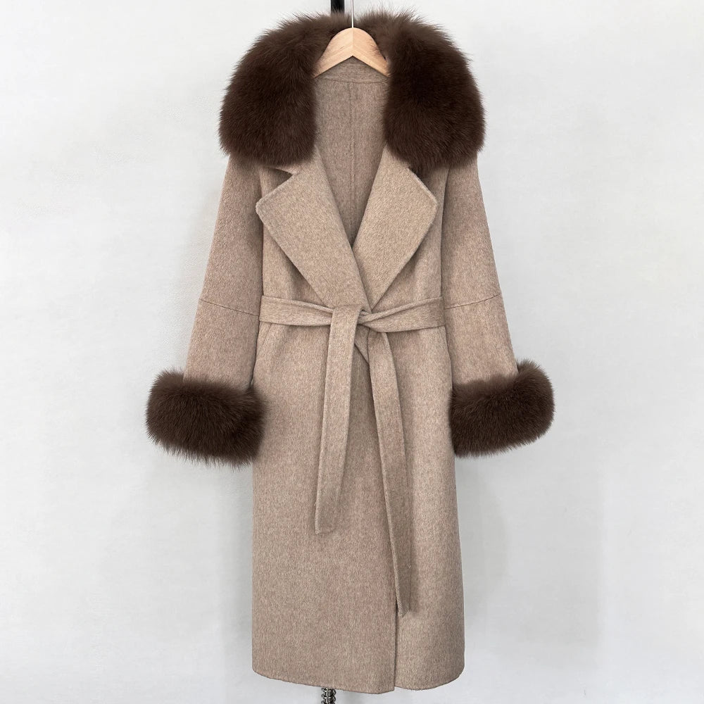 OFTBUY Fashion Warm Wool Coat with Real Fox Fur Collar New Autumn Winter Long Clothing Women Belt Elegant Woolen Jcacket Female