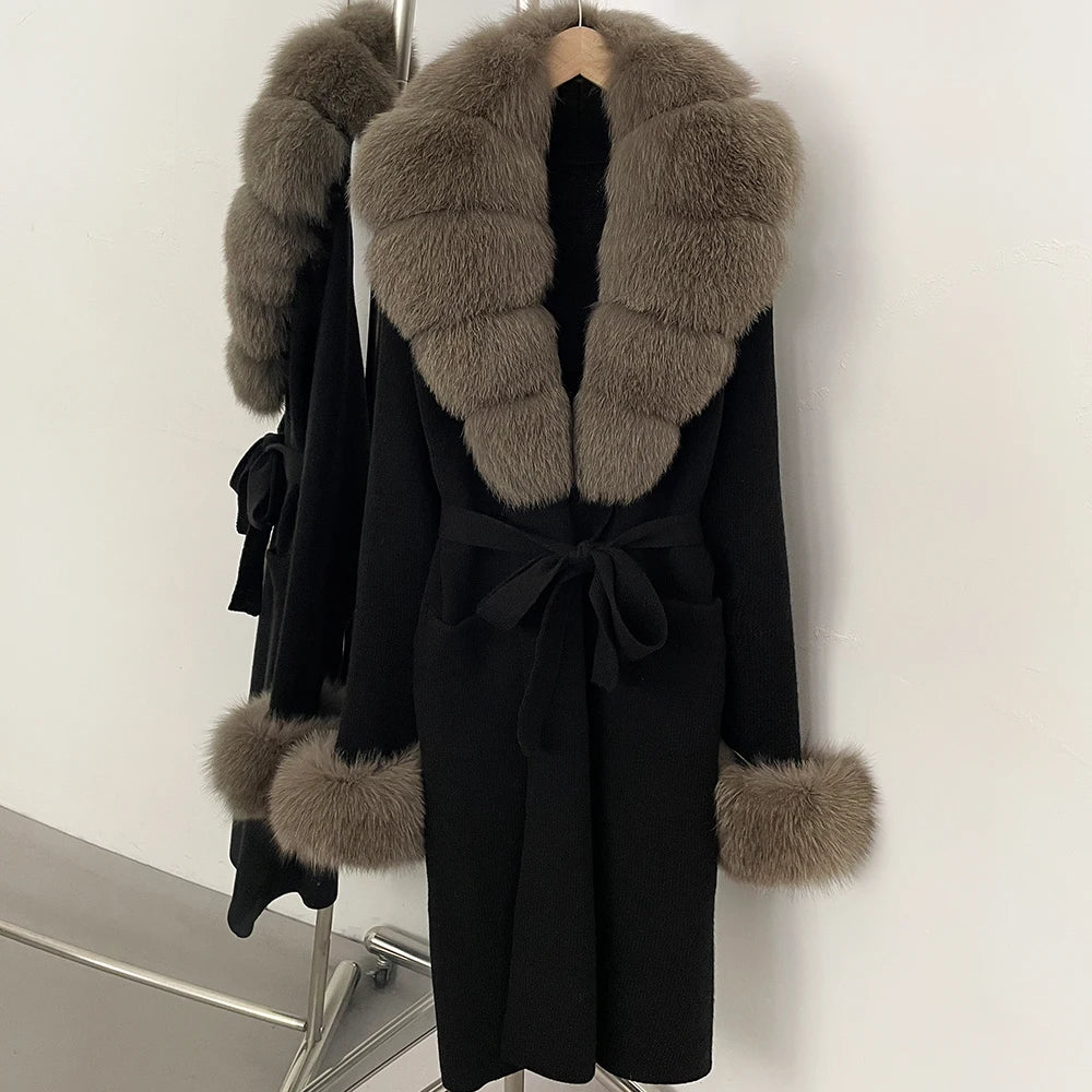 OFTBUY New Cardigan Autumn Winter Long Knit Clothing Women Loose Warm Belt Sweater Jacket with Real Fox Fur Collar and Cuffs
