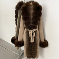 OFTBUY Cardigan Sweater New Women's Knit Long Coat with Full Real Fox Fur Belted Pockets Warm Winter Elegant Fashion Outerwear