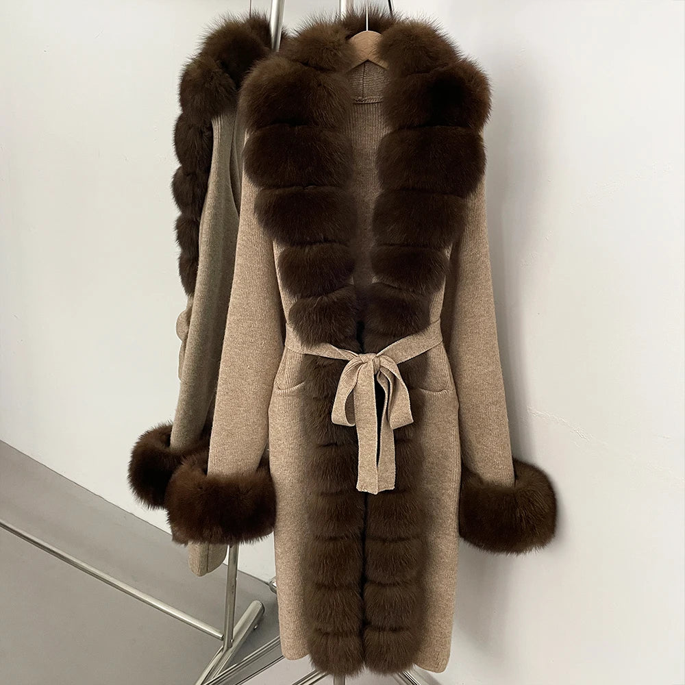 OFTBUY Cardigan Sweater New Women's Knit Long Coat with Full Real Fox Fur Belted Pockets Warm Winter Elegant Fashion Outerwear