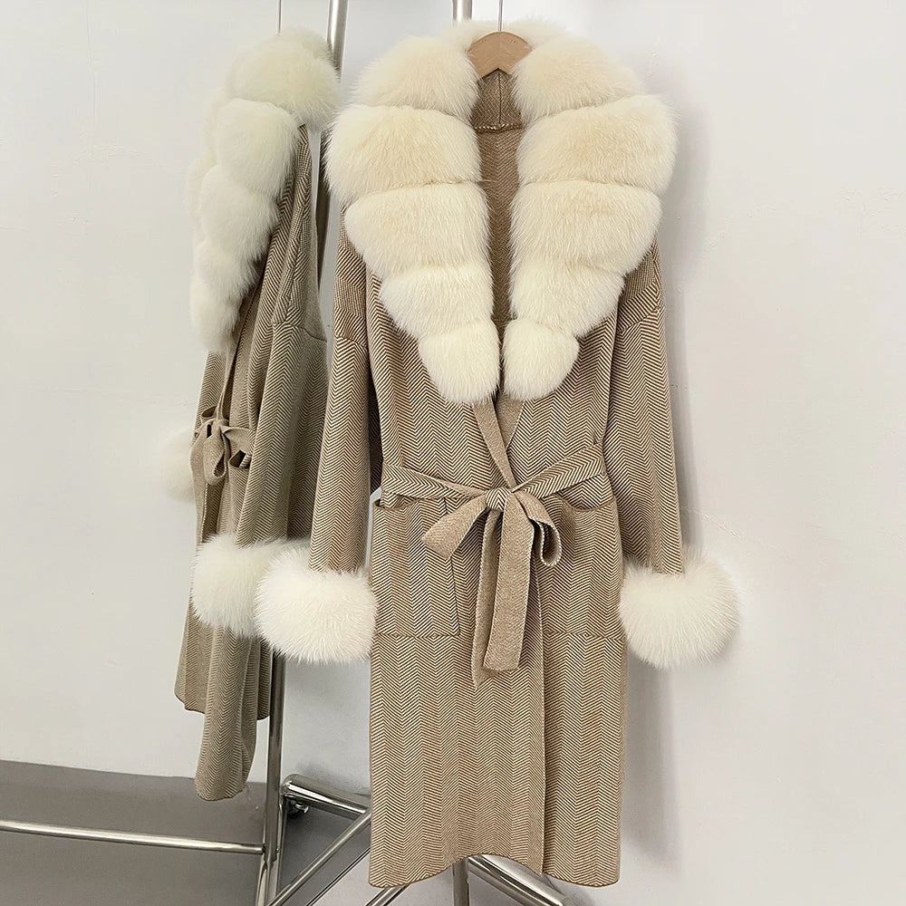 OFTBUY Winter Elegant Outerwear Warm Long Coat Lady New Women's Knit Coat with Large Real Fox Fur Collar Belted Cardigan Female
